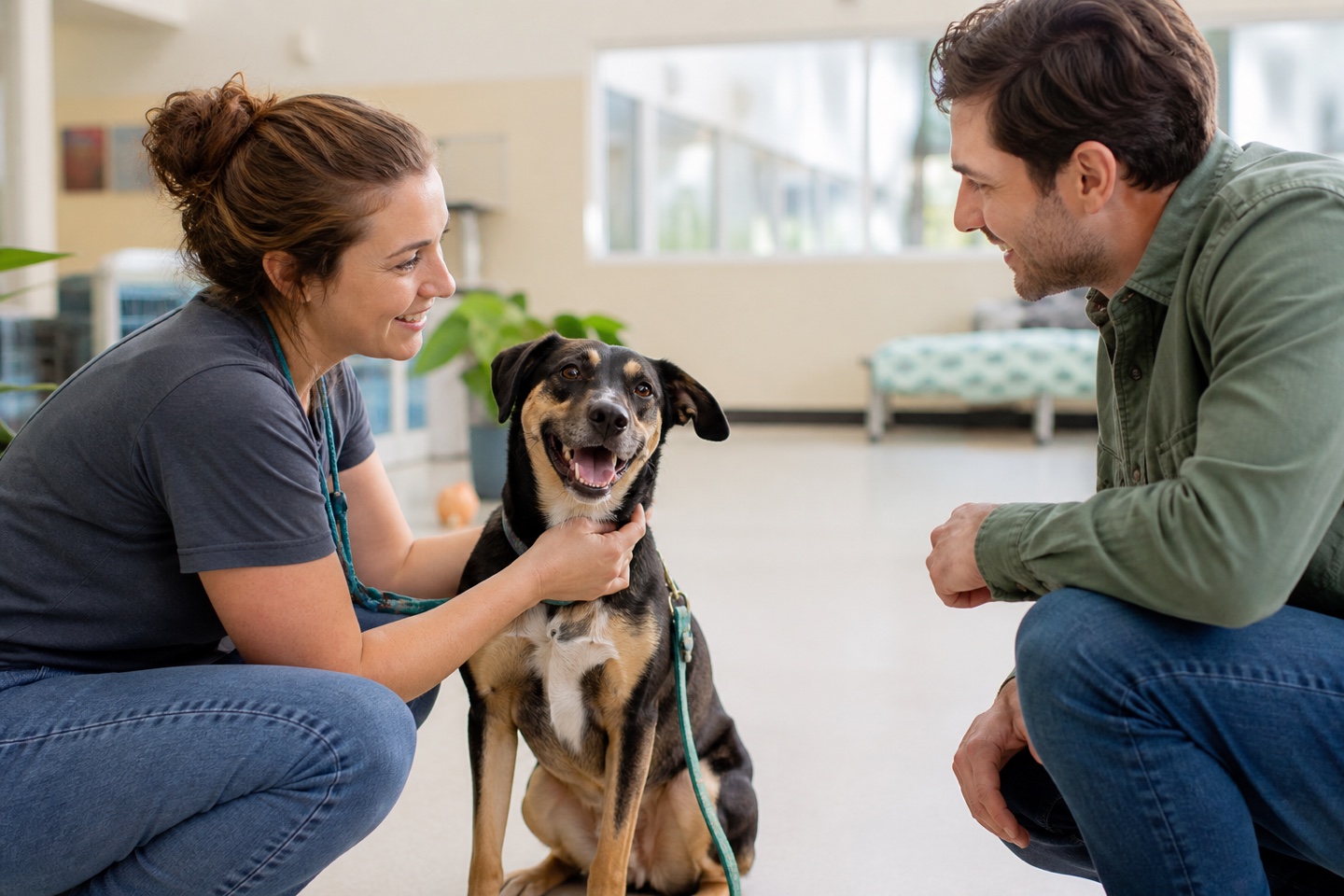 A prospective adopter meeting a rescue dog with shelter staff