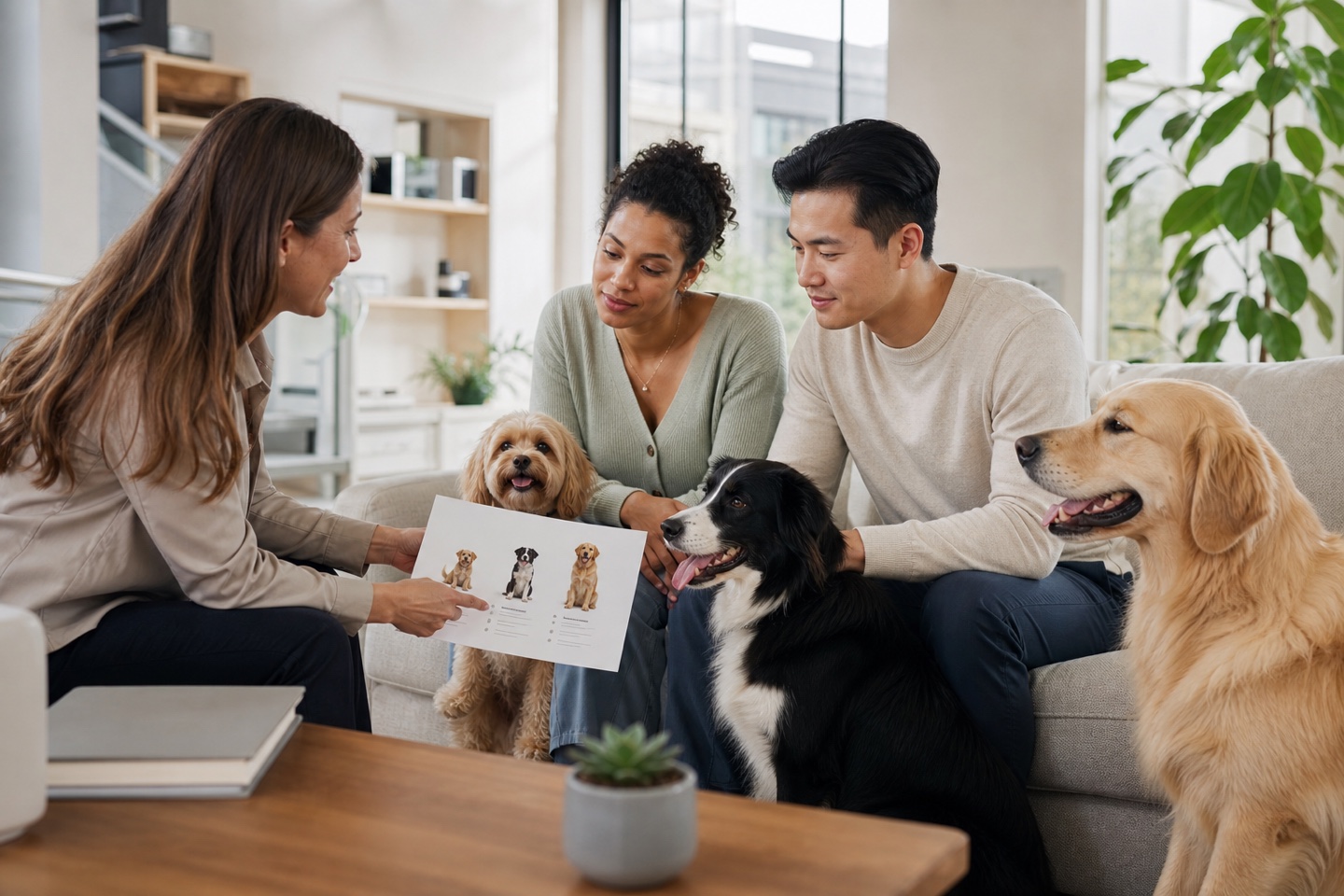 A family comparing dog breeds with a pet-care professional