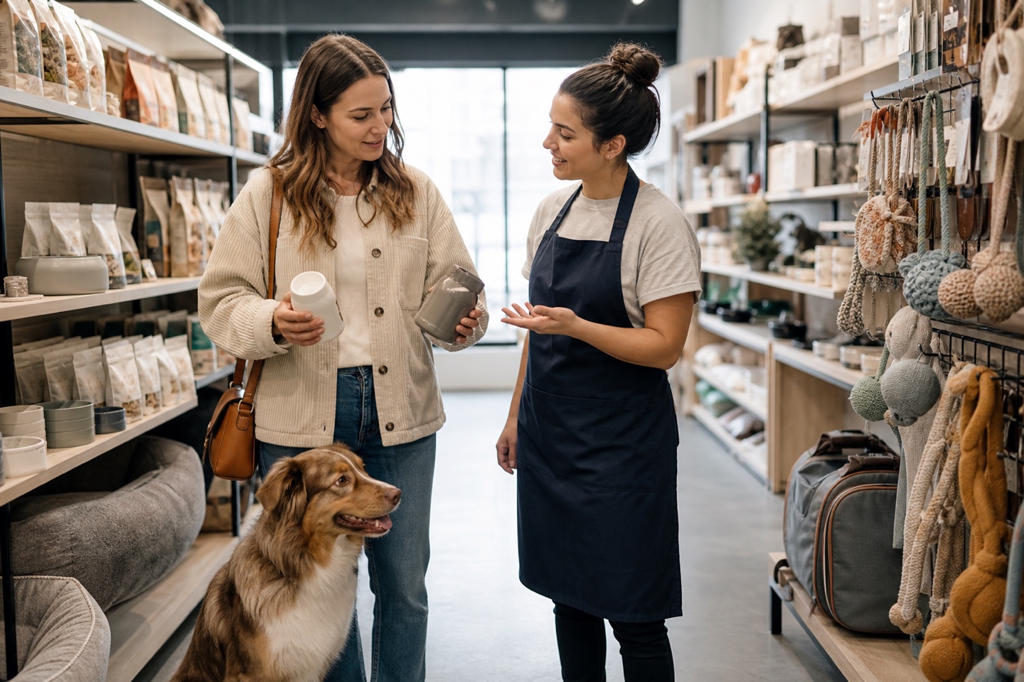 A pet owner comparing products with a pet-store associate